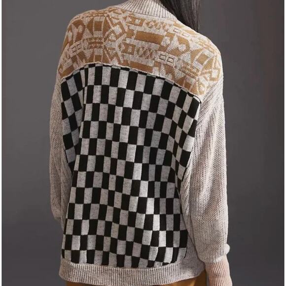 ANTHROPOLOGIE x PILCRO Mash-Up Cardigan Sweater Gray Tan Star Check Sz S {WW5} - Picture 3 of 7